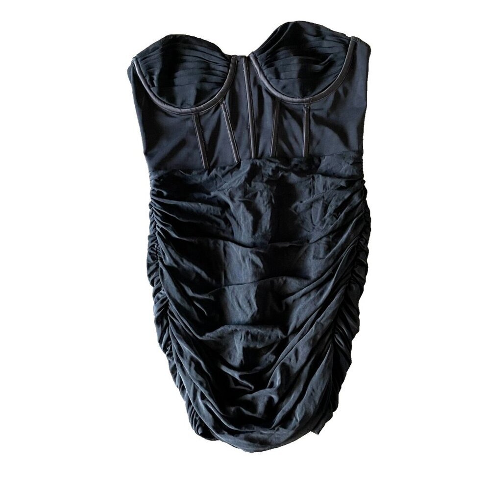 Oh Polly Corset Mini Dress Ruched black UK 12 US 8 Bodycon Mesh Layer Y2K style